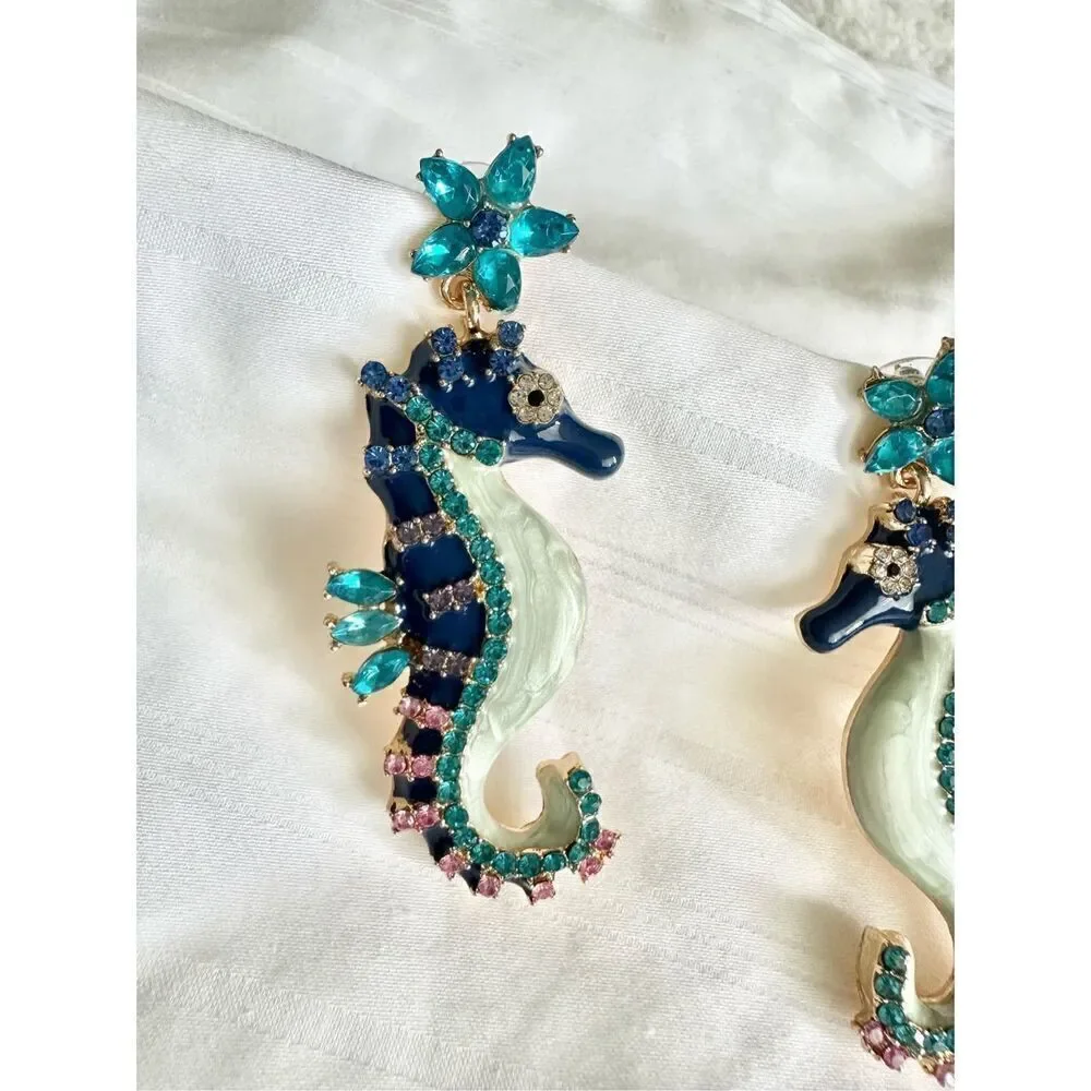 Navy blue and rhinestone seahorse dangle earrings ￼